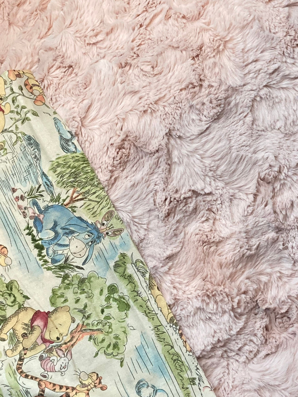 Personalized baby nursery blanket made from Winnie the Pooh fabric for boy or girl, cotton and minky or fur with Winnie embroidered option