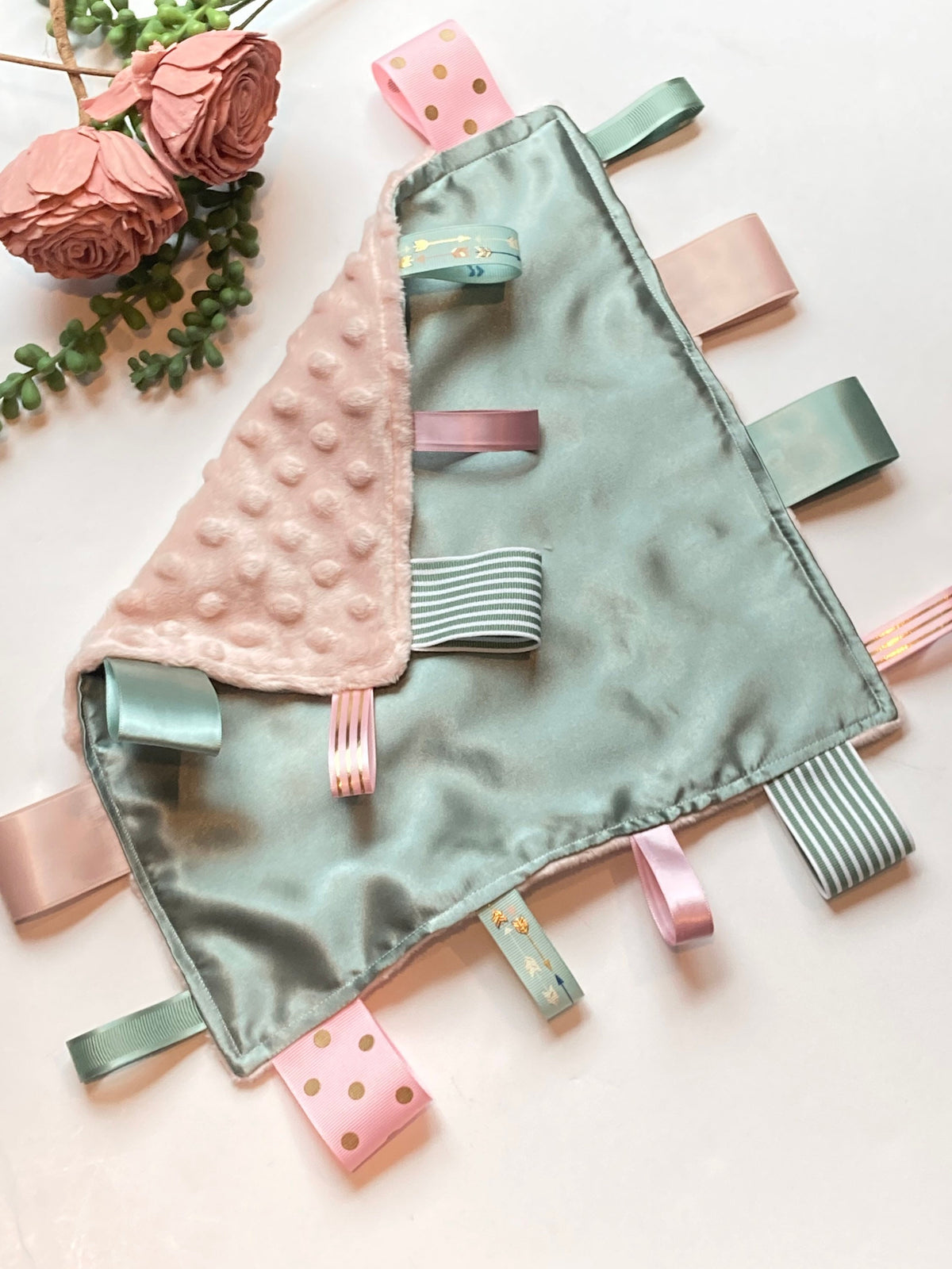 Satin and minky sensory lovey with ribbon tags and personalize option for baby shower gift for boy girl or adult 12" calming, choose colors