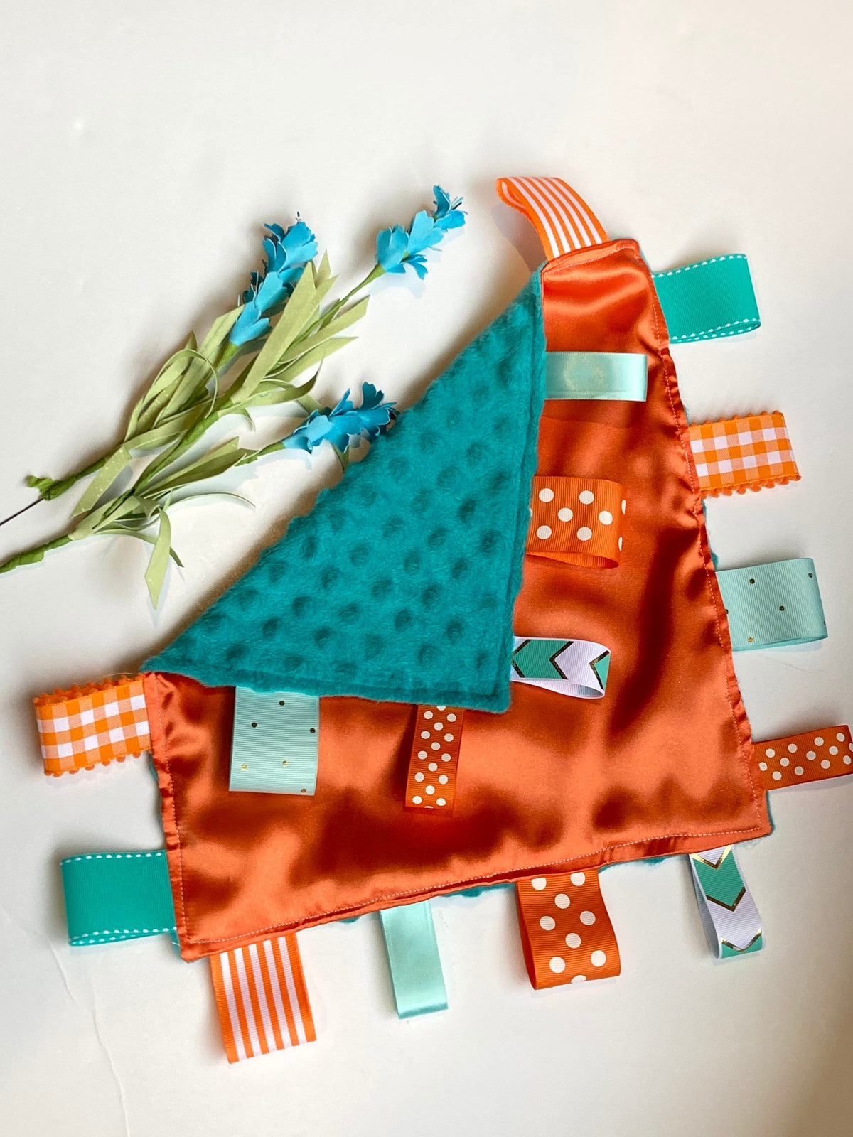 Satin and minky sensory lovey with ribbon tags and personalize option for baby shower gift for boy girl or adult 12" calming, choose colors