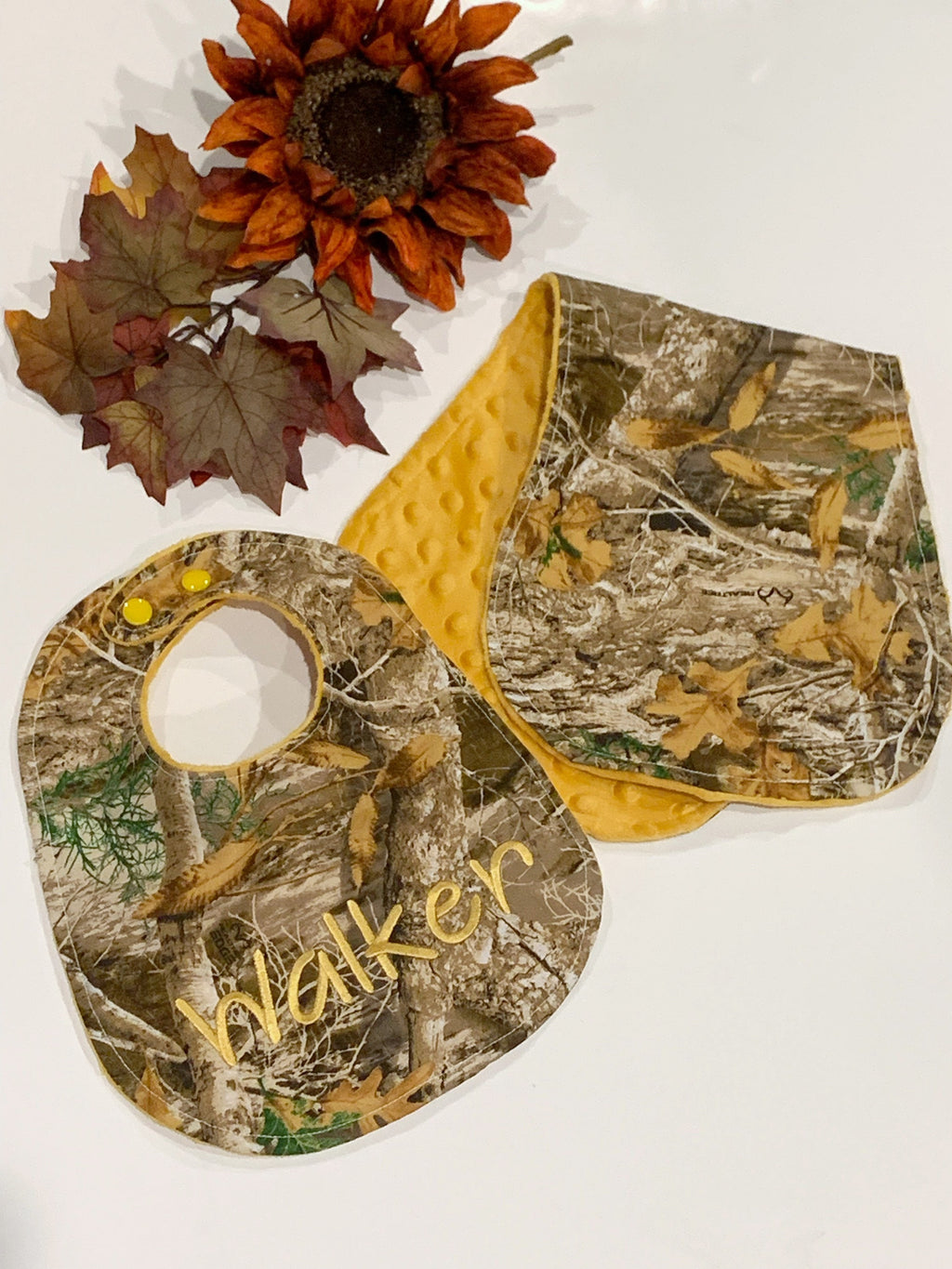 Camouflage hunting Baby toddler Bib & contour burp cloth set made in brown camo cotton print with minky back, personalized baby shower gift