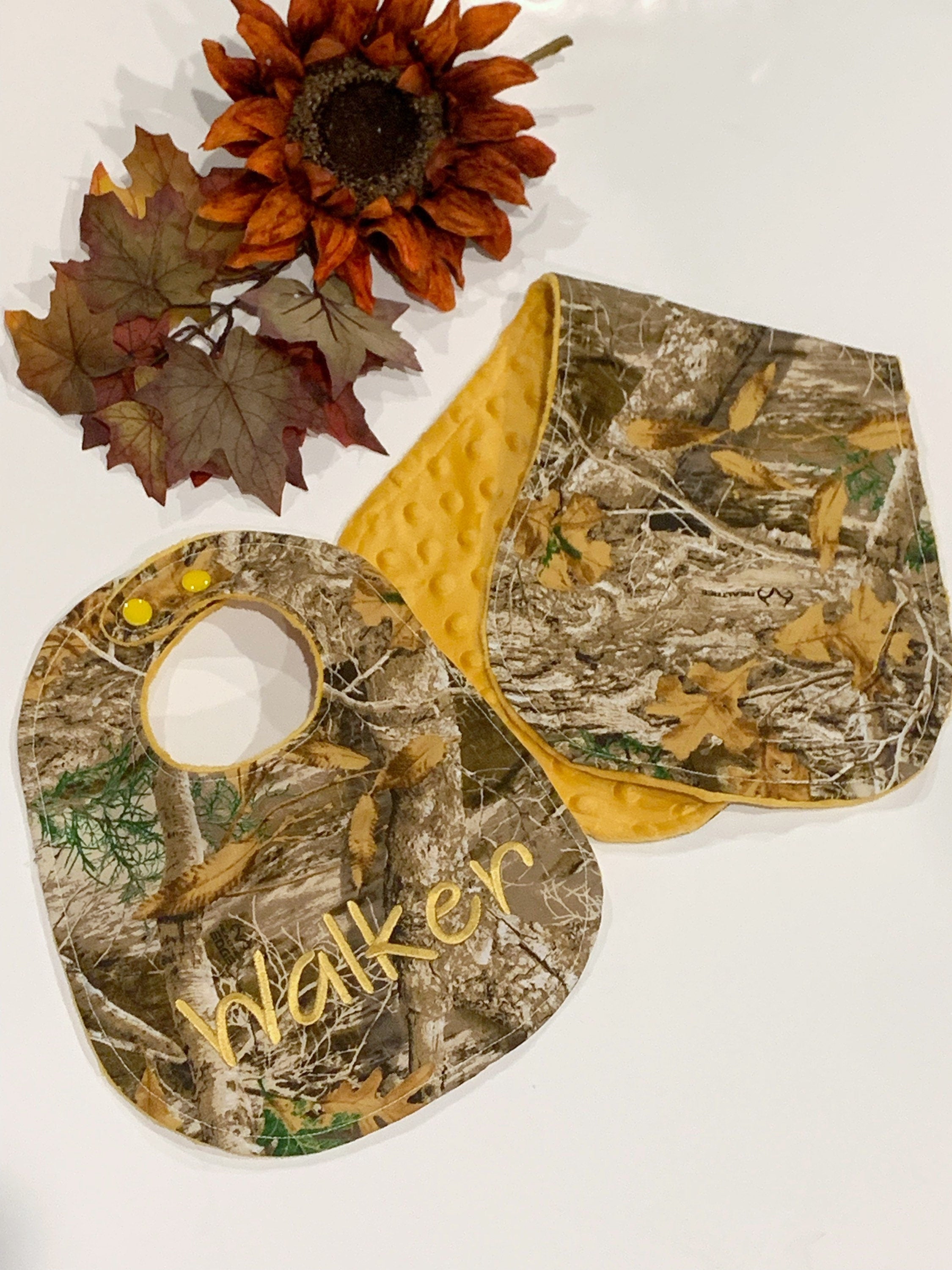 Camouflage hunting Baby toddler Bib & contour burp cloth set made in brown camo cotton print with minky back, personalized baby shower gift