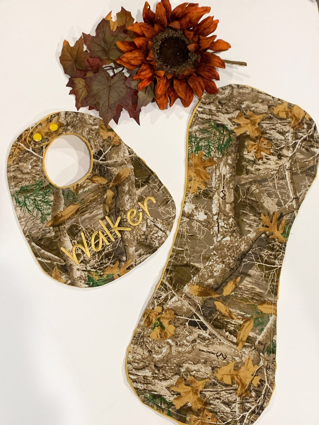 Camouflage hunting Baby toddler Bib & contour burp cloth set made in brown camo cotton print with minky back, personalized baby shower gift