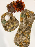 Camouflage hunting Baby toddler Bib & contour burp cloth set made in brown camo cotton print with minky back, personalized baby shower gift