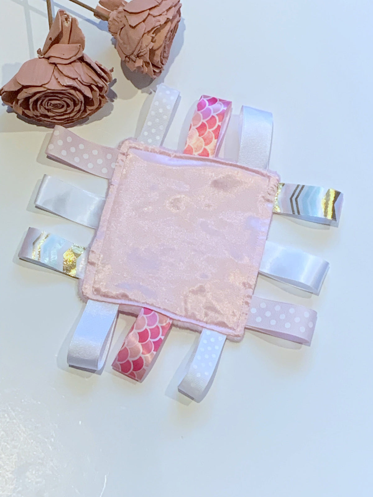 Purse or pocket 5” size Satin and minky sensory lovey with ribbon tags for comfort toy, baby shower gift for boy or girl or even adult