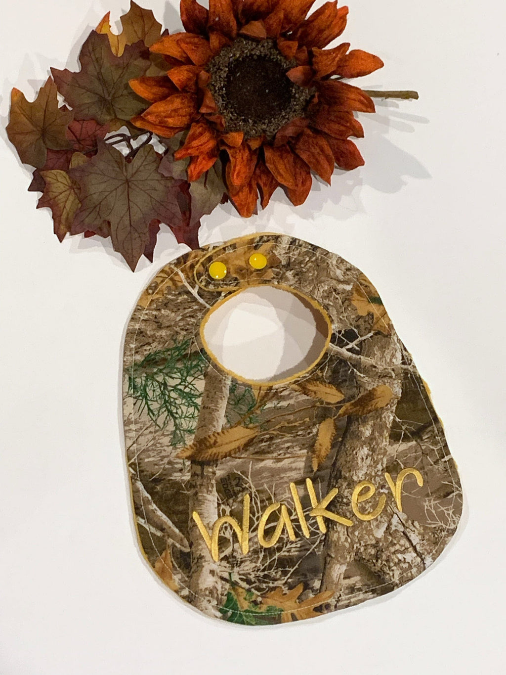 Camouflage hunting Baby toddler Bib & contour burp cloth set made in brown camo cotton print with minky back, personalized baby shower gift