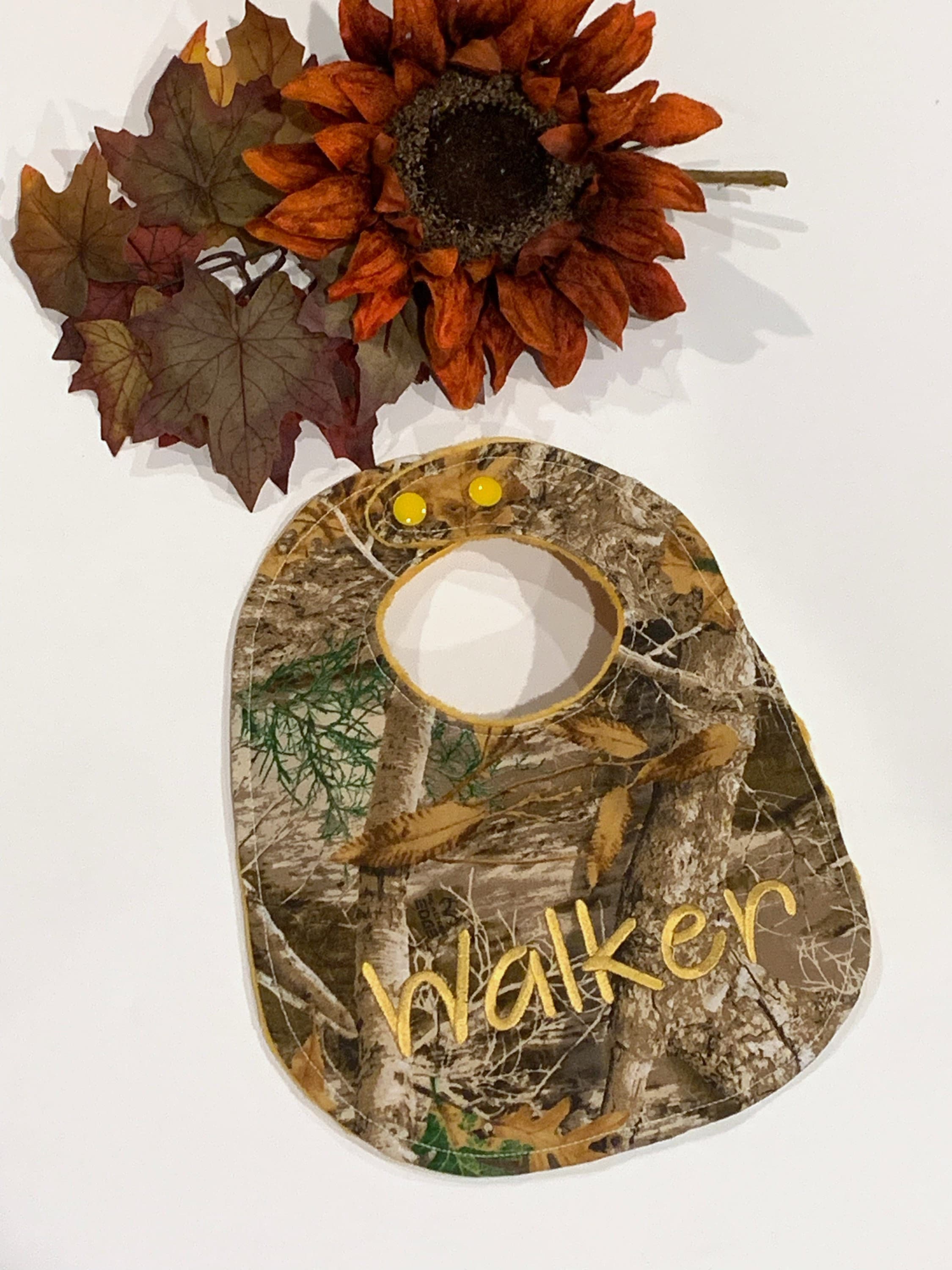 Camouflage hunting Baby toddler Bib & contour burp cloth set made in brown camo cotton print with minky back, personalized baby shower gift