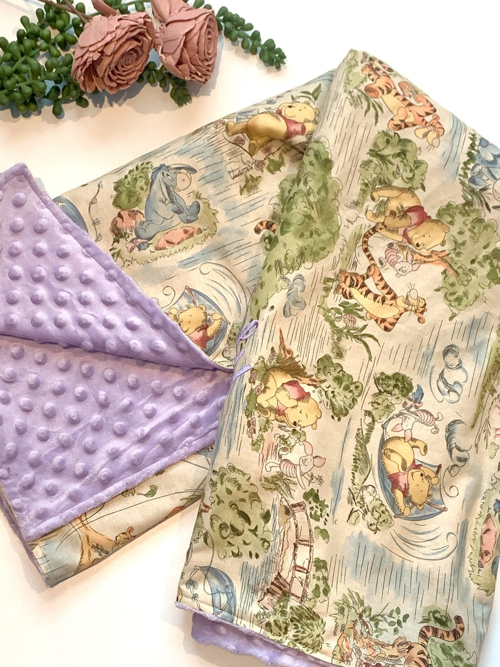 Personalized Baby crib Blanket made from Winnie the Pooh fabric for boy or girl, Cotton and lavender minky baby shower gift, choose size