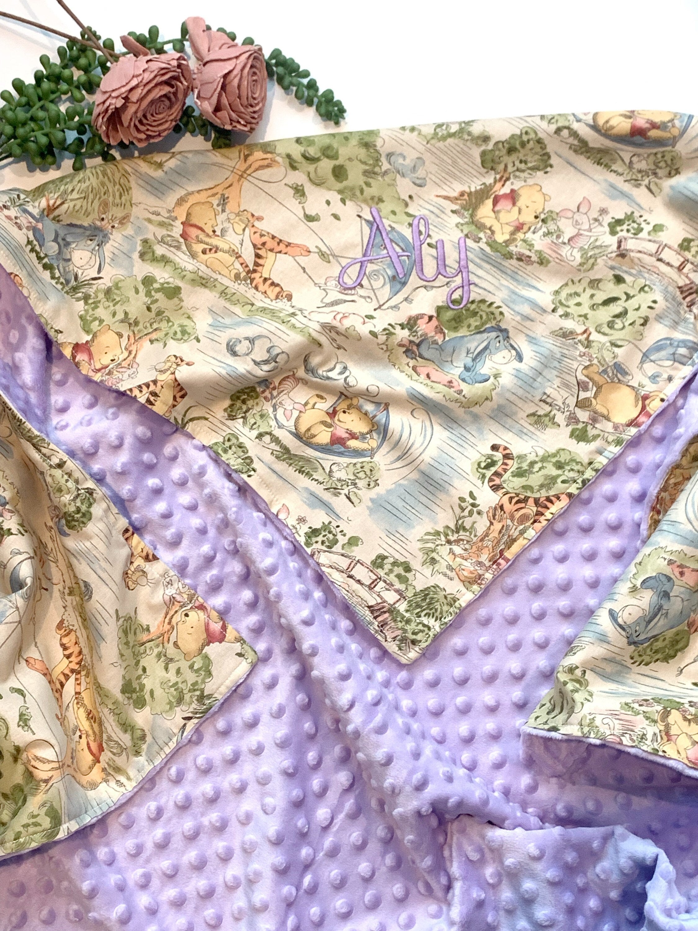 Personalized Baby crib Blanket made from Winnie the Pooh fabric for boy or girl, Cotton and lavender minky baby shower gift, choose size