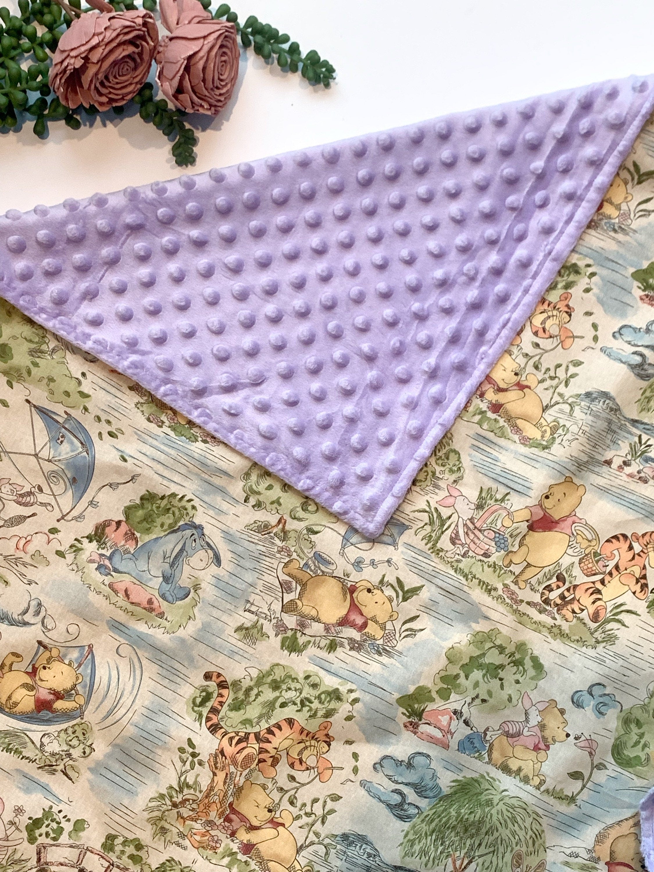 Personalized Baby crib Blanket made from Winnie the Pooh fabric for boy or girl, Cotton and lavender minky baby shower gift, choose size