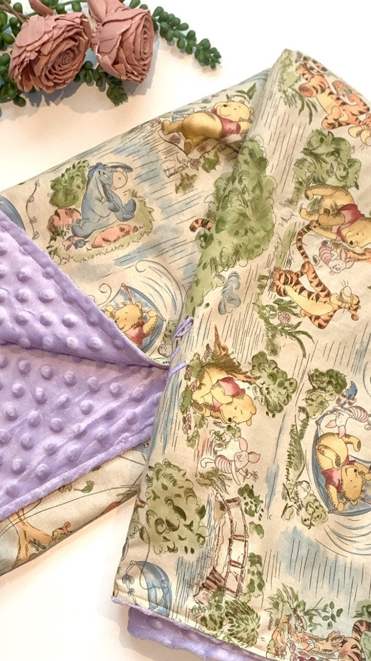 Personalized Baby crib Blanket made from Winnie the Pooh fabric for boy or girl, Cotton and lavender minky baby shower gift, choose size