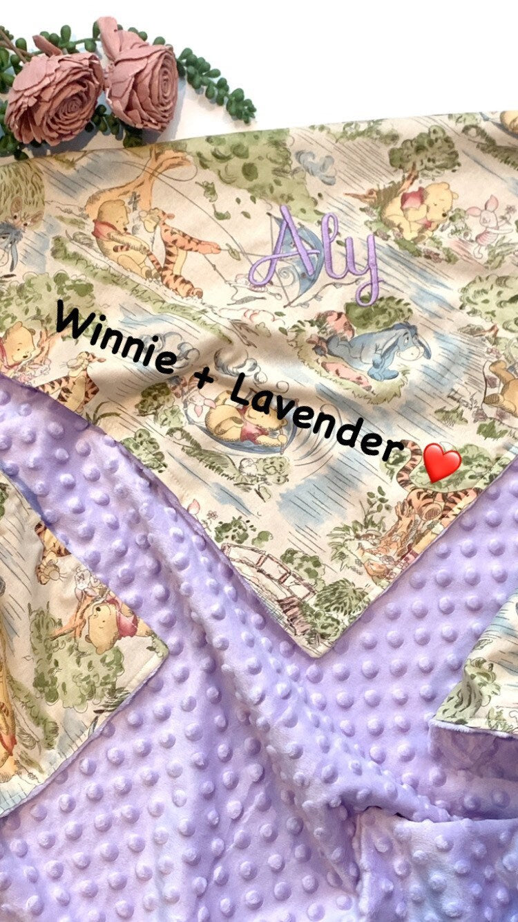 Personalized Baby crib Blanket made from Winnie the Pooh fabric for boy or girl, Cotton and lavender minky baby shower gift, choose size