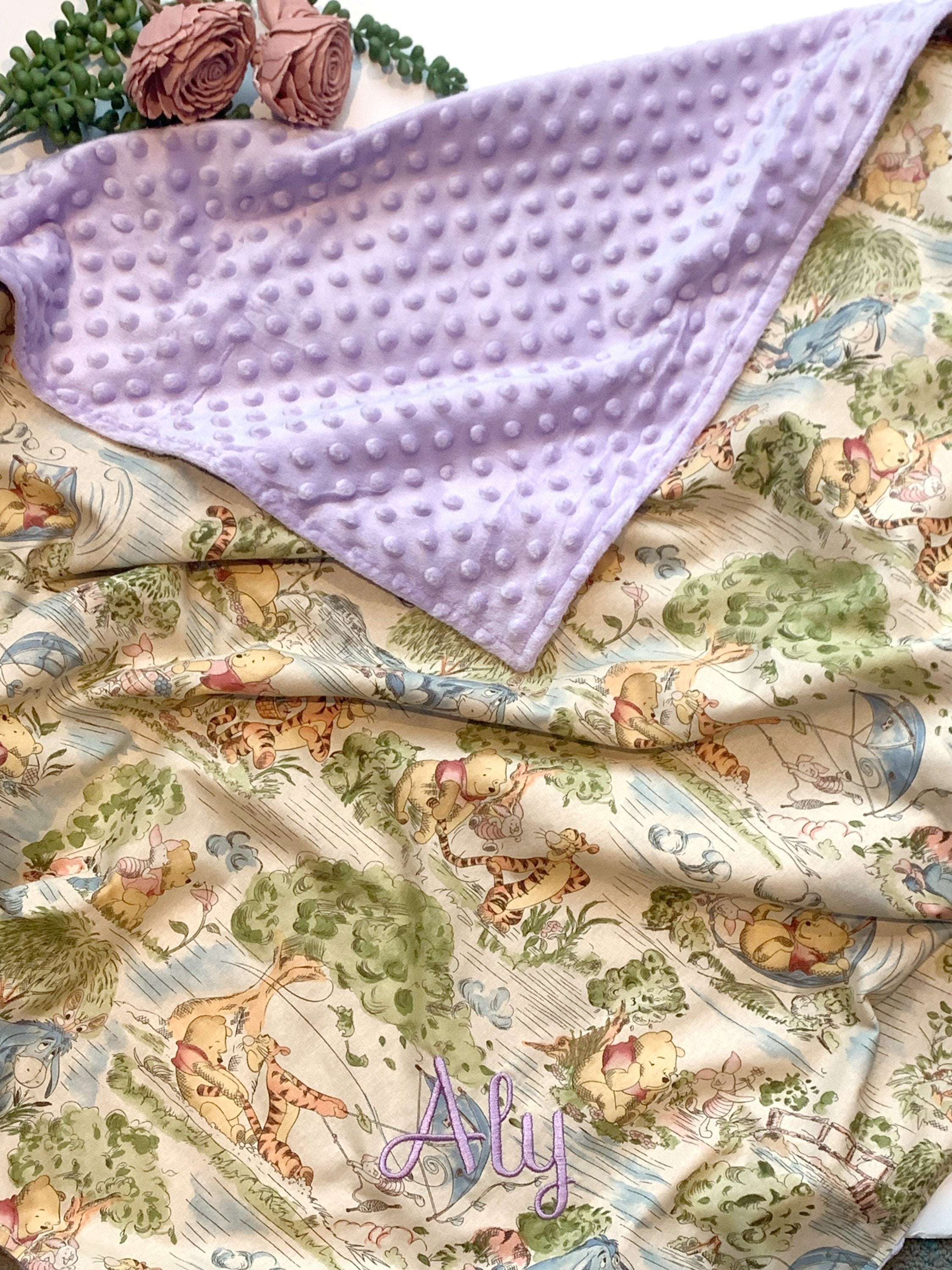 Personalized Baby crib Blanket made from Winnie the Pooh fabric for boy or girl, Cotton and lavender minky baby shower gift, choose size