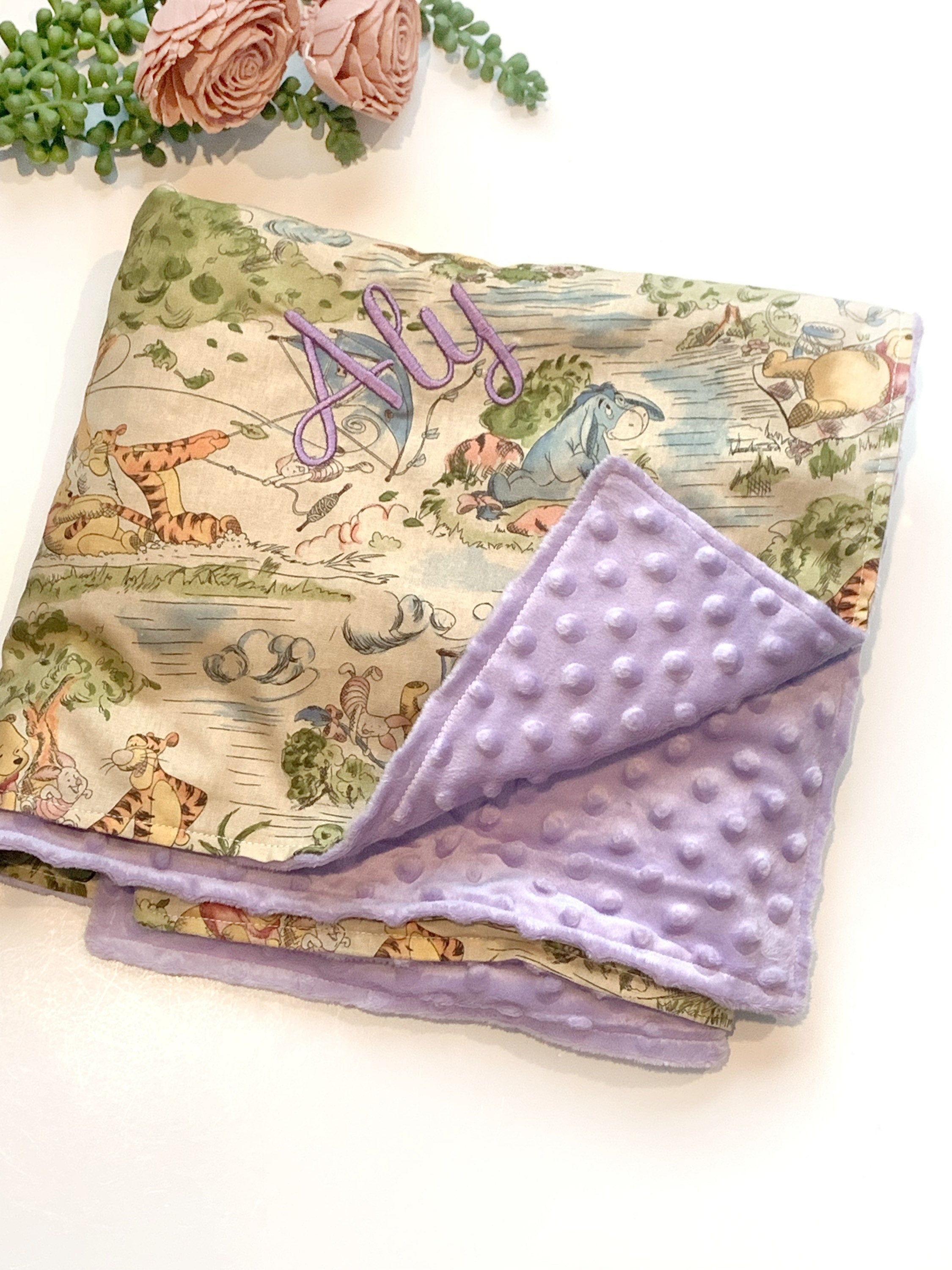 Personalized Baby crib Blanket made from Winnie the Pooh fabric for boy or girl, Cotton and lavender minky baby shower gift, choose size