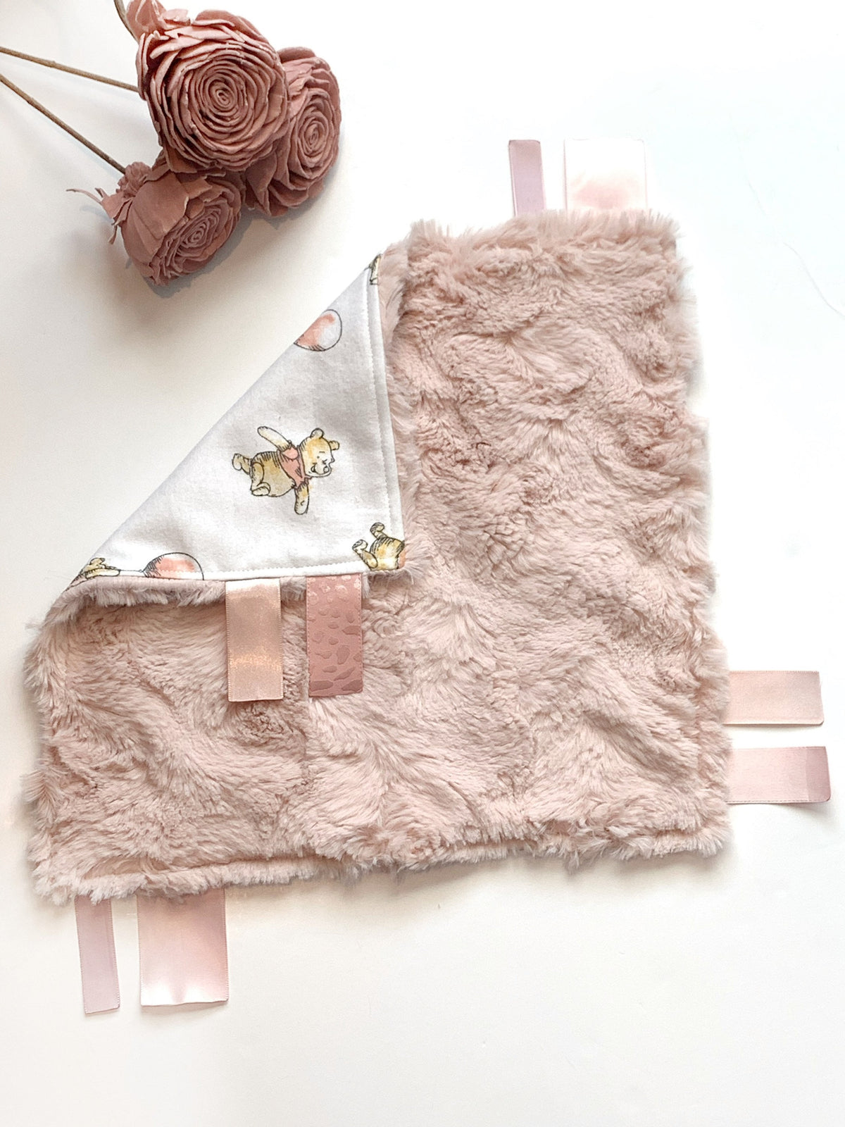 Personalize lux fur or minky sensory blanket lovey made from Winnie the Pooh flannel with satin ribbon tags, boy or girl choose colors 12”