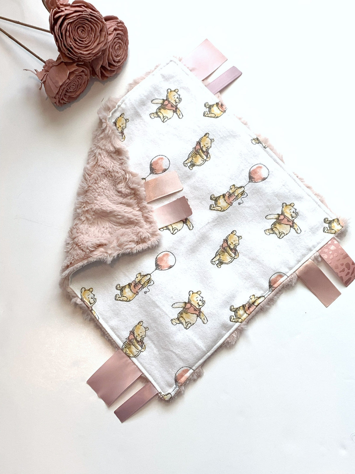 Personalize lux fur or minky sensory blanket lovey made from Winnie the Pooh flannel with satin ribbon tags, boy or girl choose colors 12”
