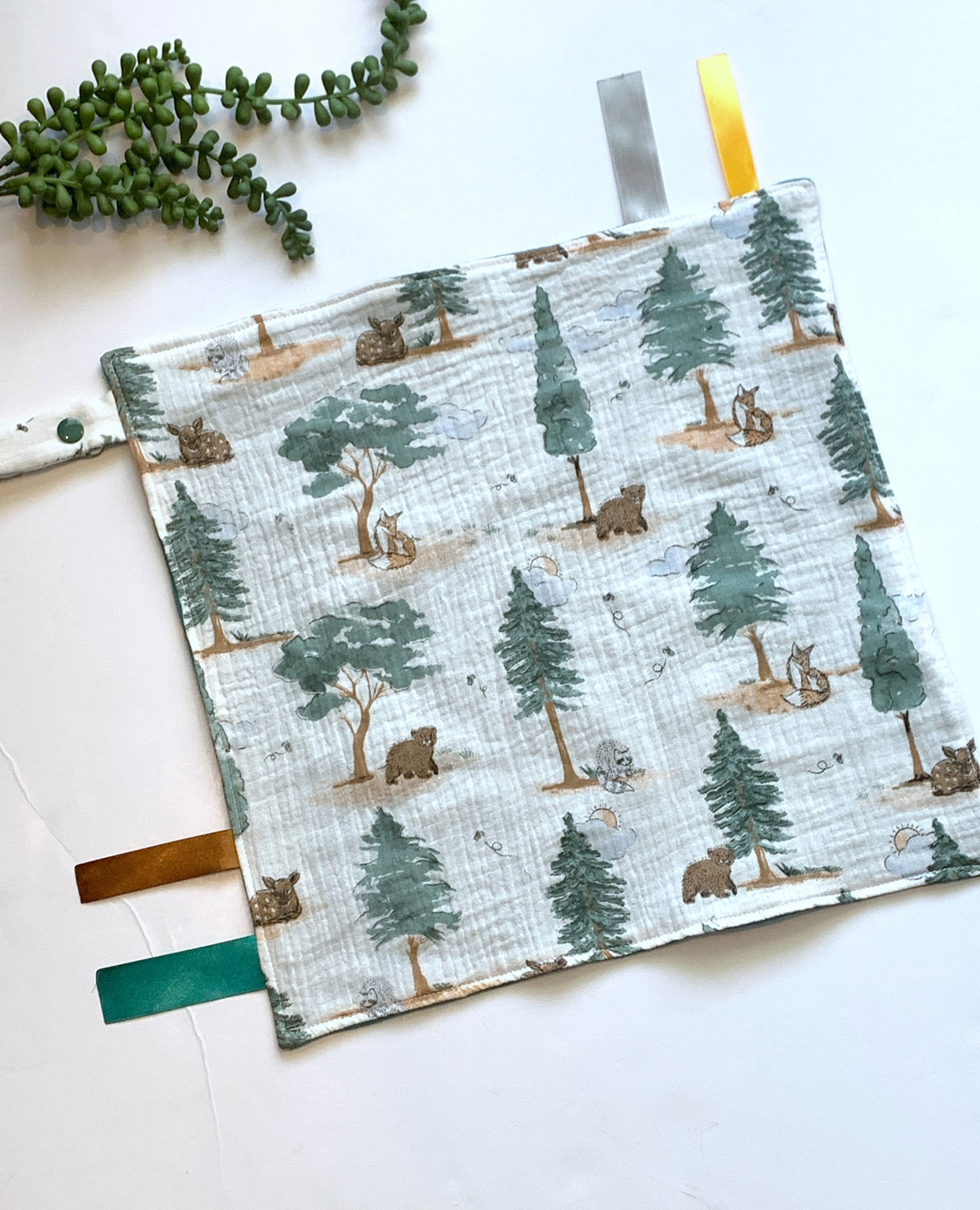 Woodlands forest animal muslin cotton gauze pacifier sensory blanket lovey with satin tags, personalize for baby gift, boy or girl, 12”