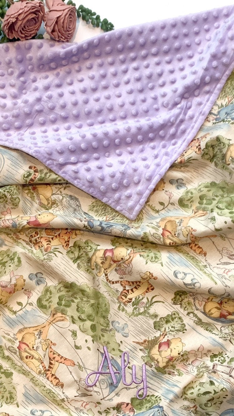 Personalized Baby crib Blanket made from Winnie the Pooh fabric for boy or girl, Cotton and lavender minky baby shower gift, choose size