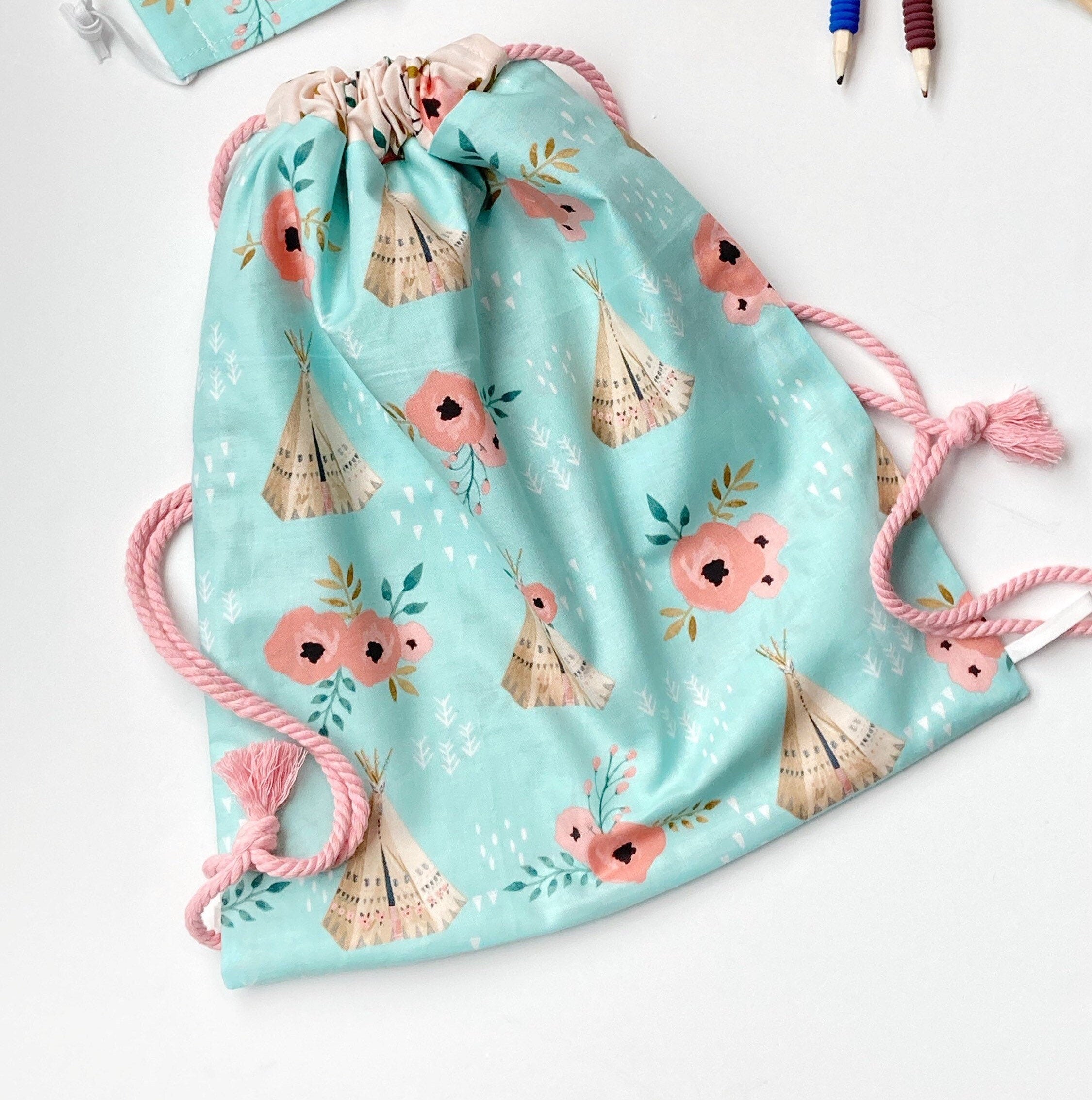 Drawstring book bag lined backpack in boho couture tribal floral, convenient sturdy gym bag, swimming bag, overnight bag 15” x 13.5”