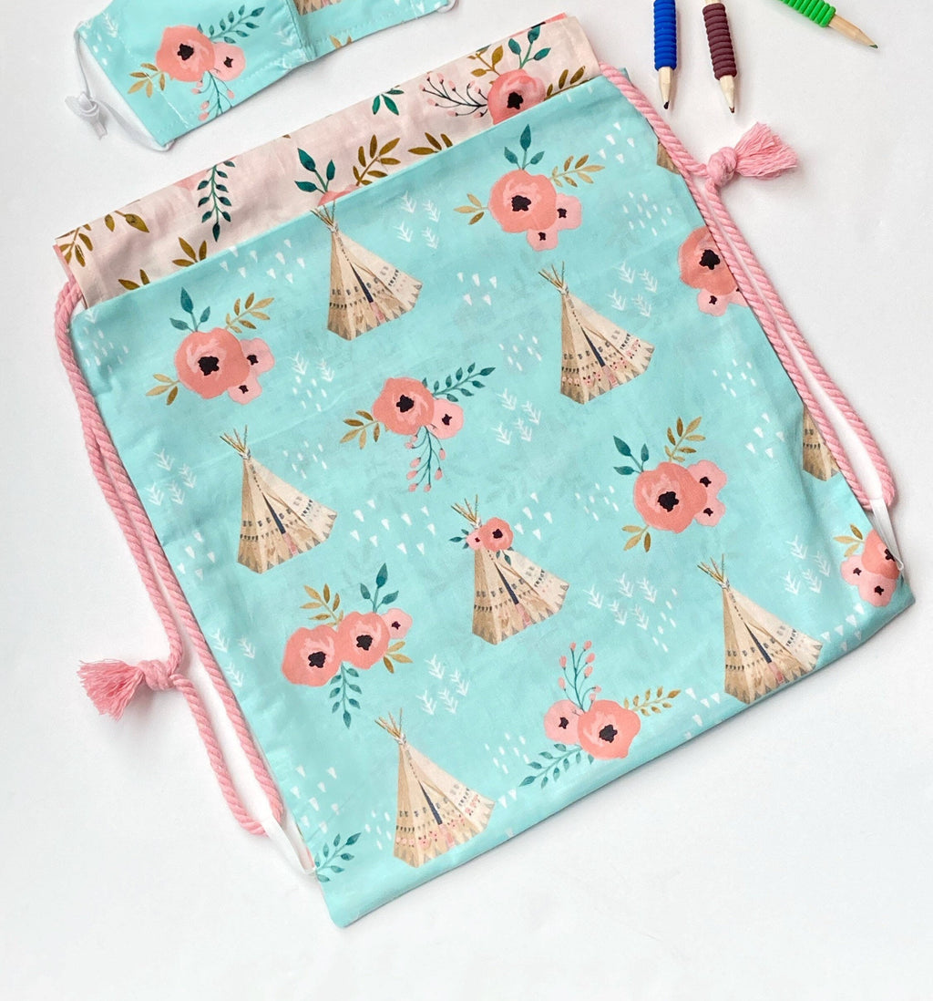 Drawstring book bag lined backpack in boho couture tribal floral, convenient sturdy gym bag, swimming bag, overnight bag 15” x 13.5”