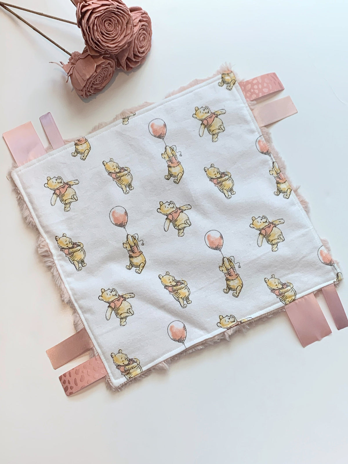 Personalize lux fur or minky sensory blanket lovey made from Winnie the Pooh flannel with satin ribbon tags, boy or girl choose colors 12”