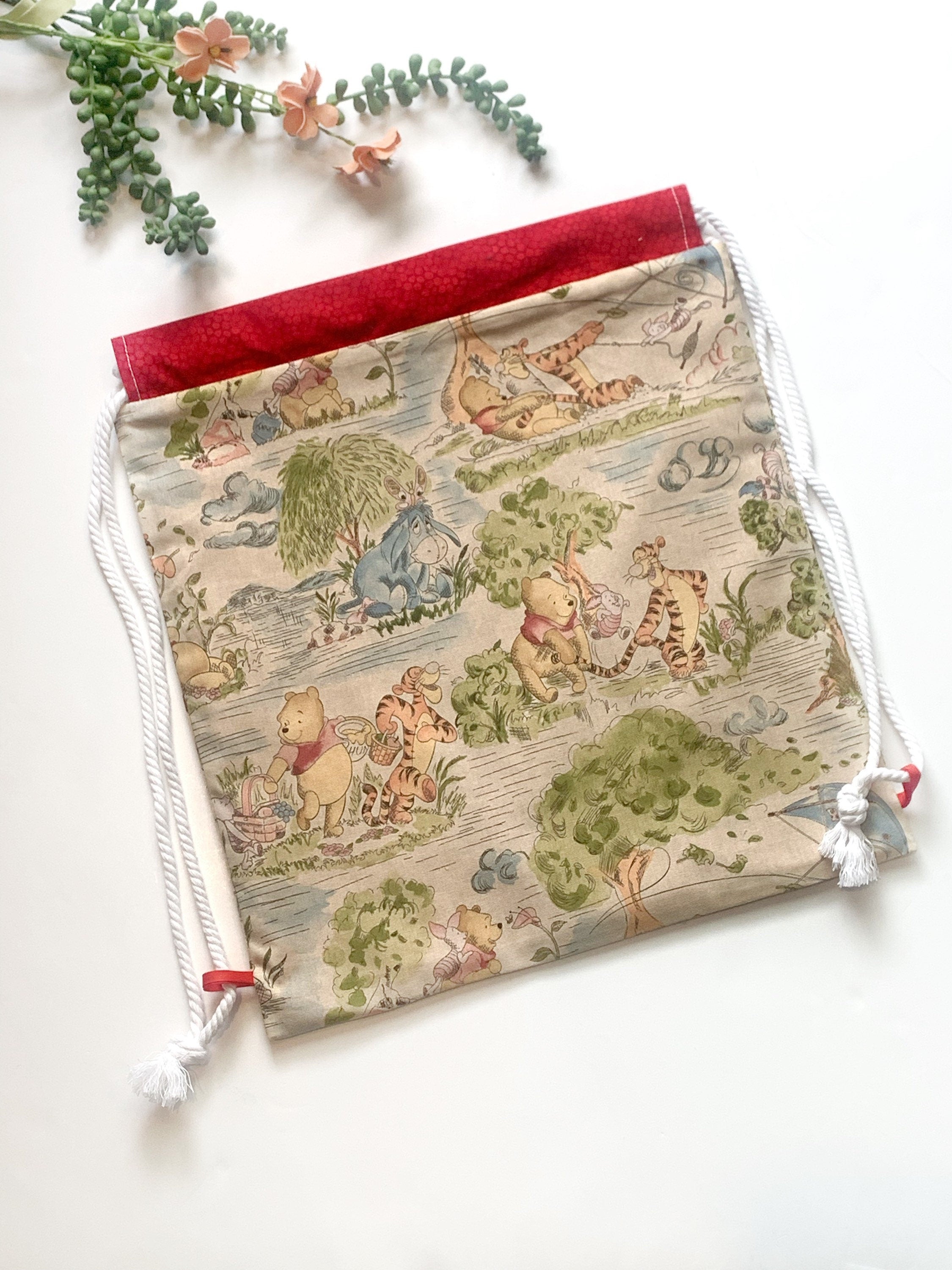 Drawstring backpack bag made from Winnie the Pooh fabric, convenient sturdy baby toddler carry all bag for mom, baby, school age 15” x 13.5”