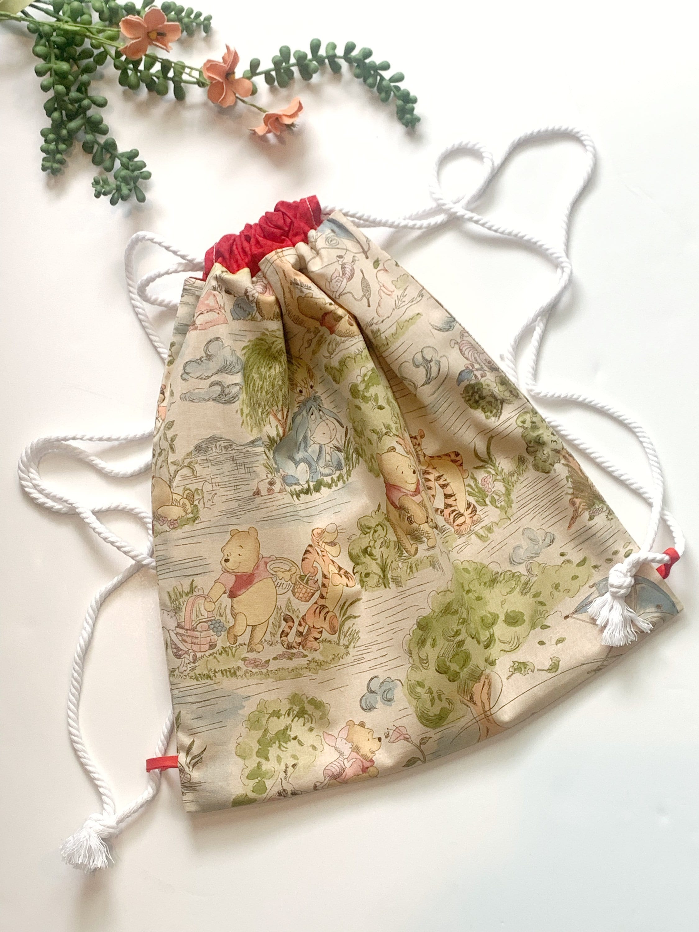 Drawstring backpack bag made from Winnie the Pooh fabric, convenient sturdy baby toddler carry all bag for mom, baby, school age 15” x 13.5”