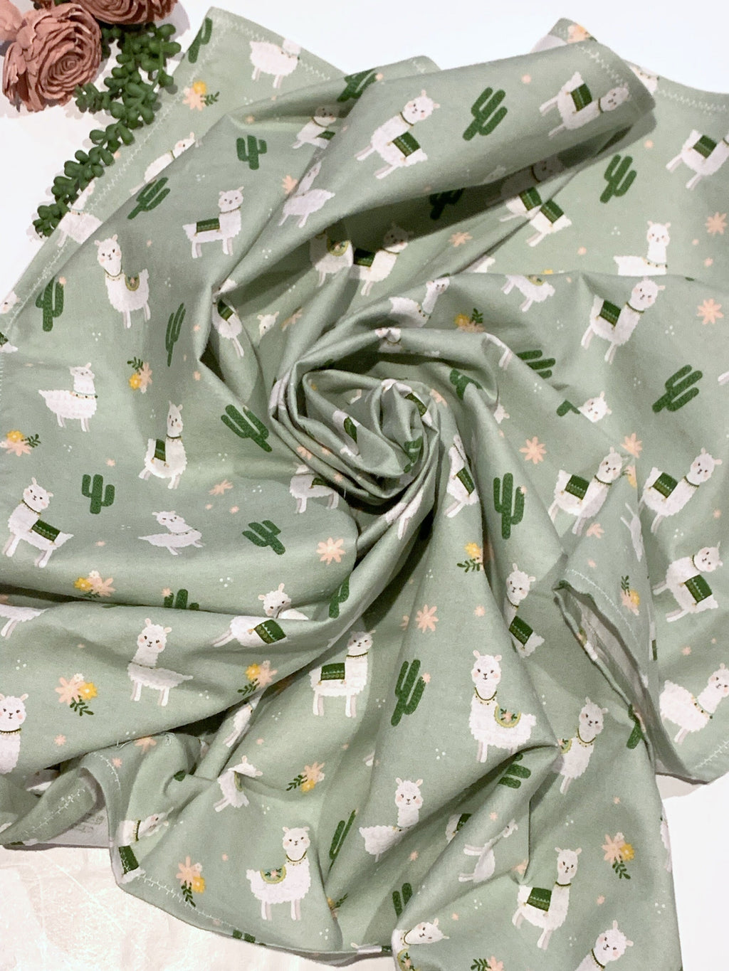 Baby swaddle flannel receiving Blanket in llamas on sage for boy or girl in extra large 40” size, nursery bedding, baby gift choose print