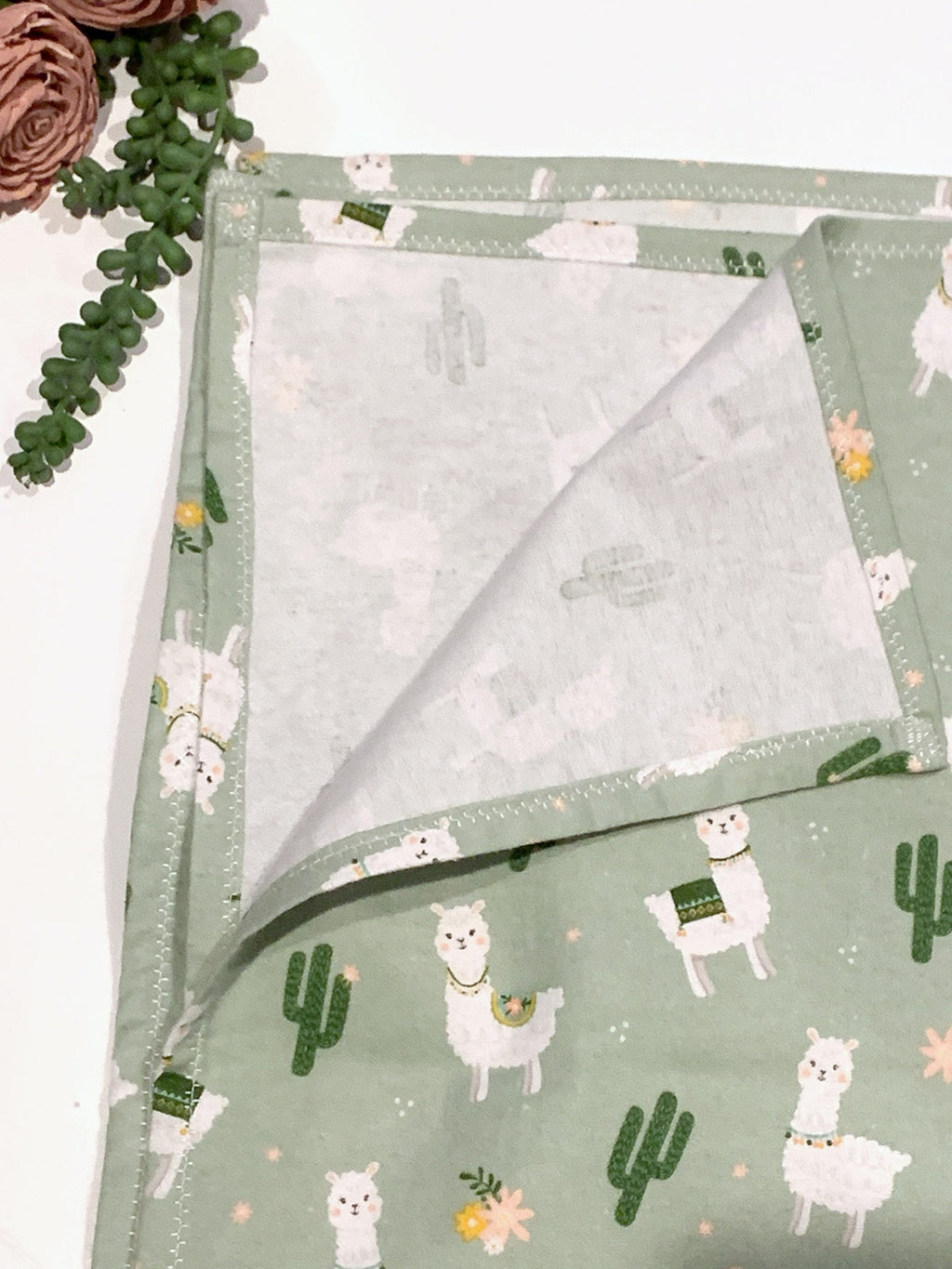 Baby swaddle flannel receiving Blanket in llamas on sage for boy or girl in extra large 40” size, nursery bedding, baby gift choose print