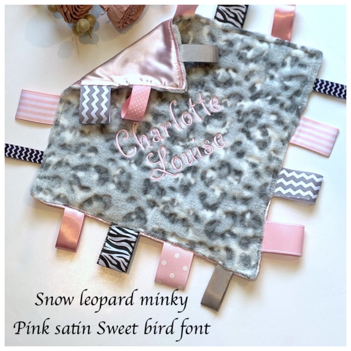 Large Satin and minky sensory lovey with ribbon tags, personalized comfort toy, baby shower gift for boy or girl size 24” choose colors