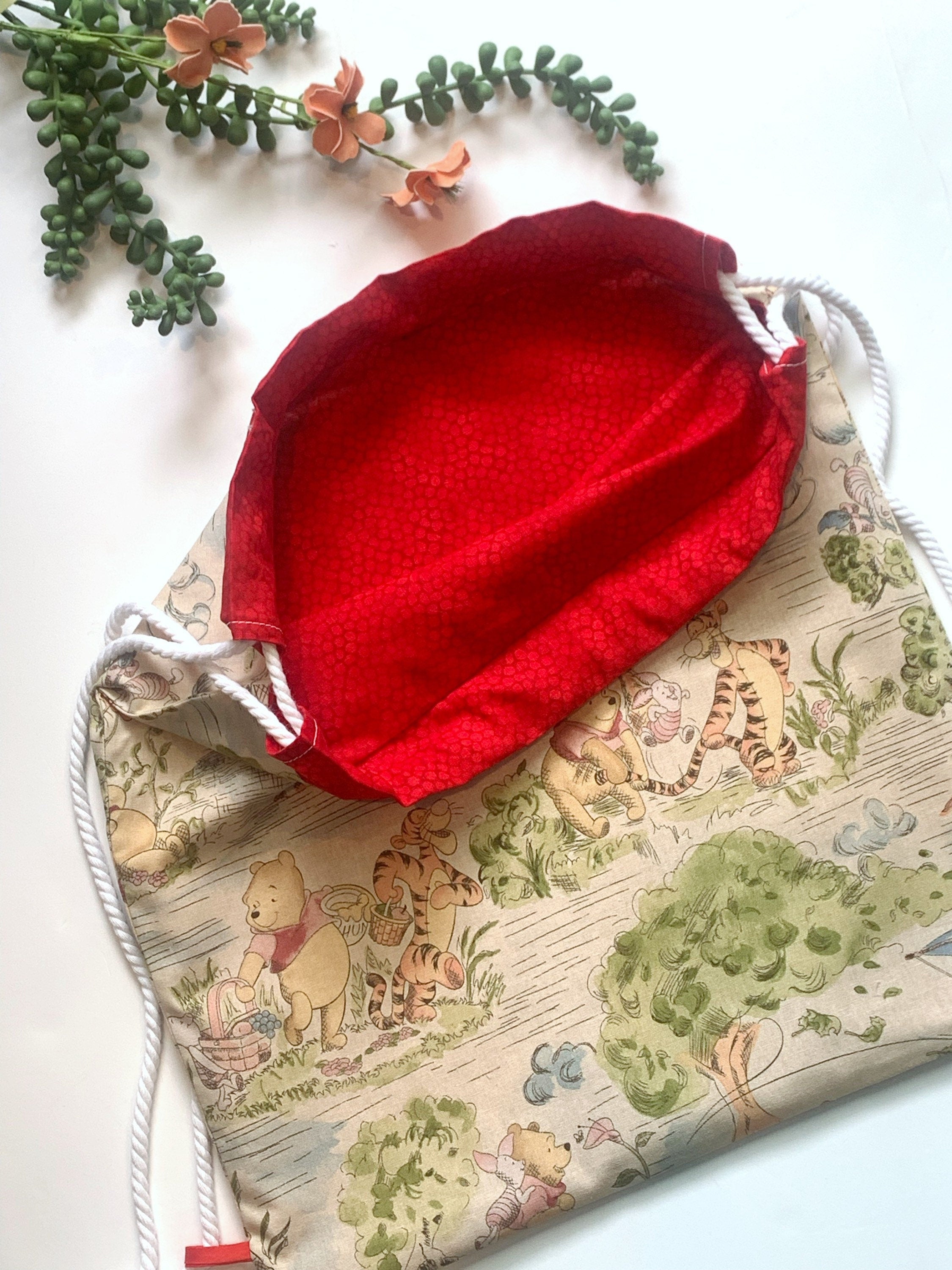 Drawstring backpack bag made from Winnie the Pooh fabric, convenient sturdy baby toddler carry all bag for mom, baby, school age 15” x 13.5”