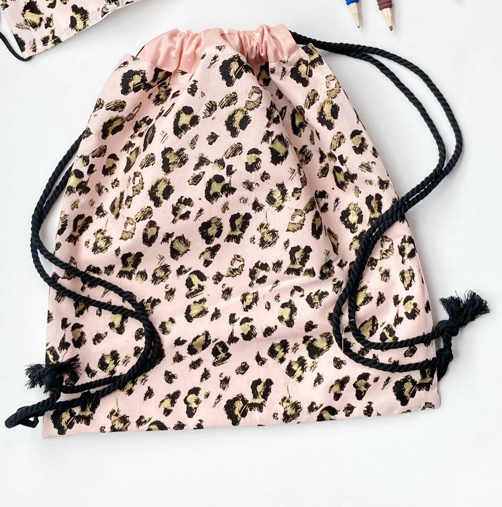 Trick or Treat drawstring lined bag in Rose gold leopard, student book bag, swimming,  dance class, ballet, overnight, toddler mom bag