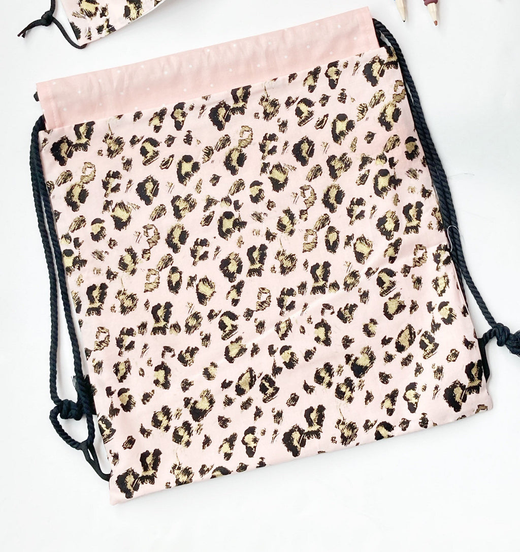 Trick or Treat drawstring lined bag in Rose gold leopard, student book bag, swimming,  dance class, ballet, overnight, toddler mom bag