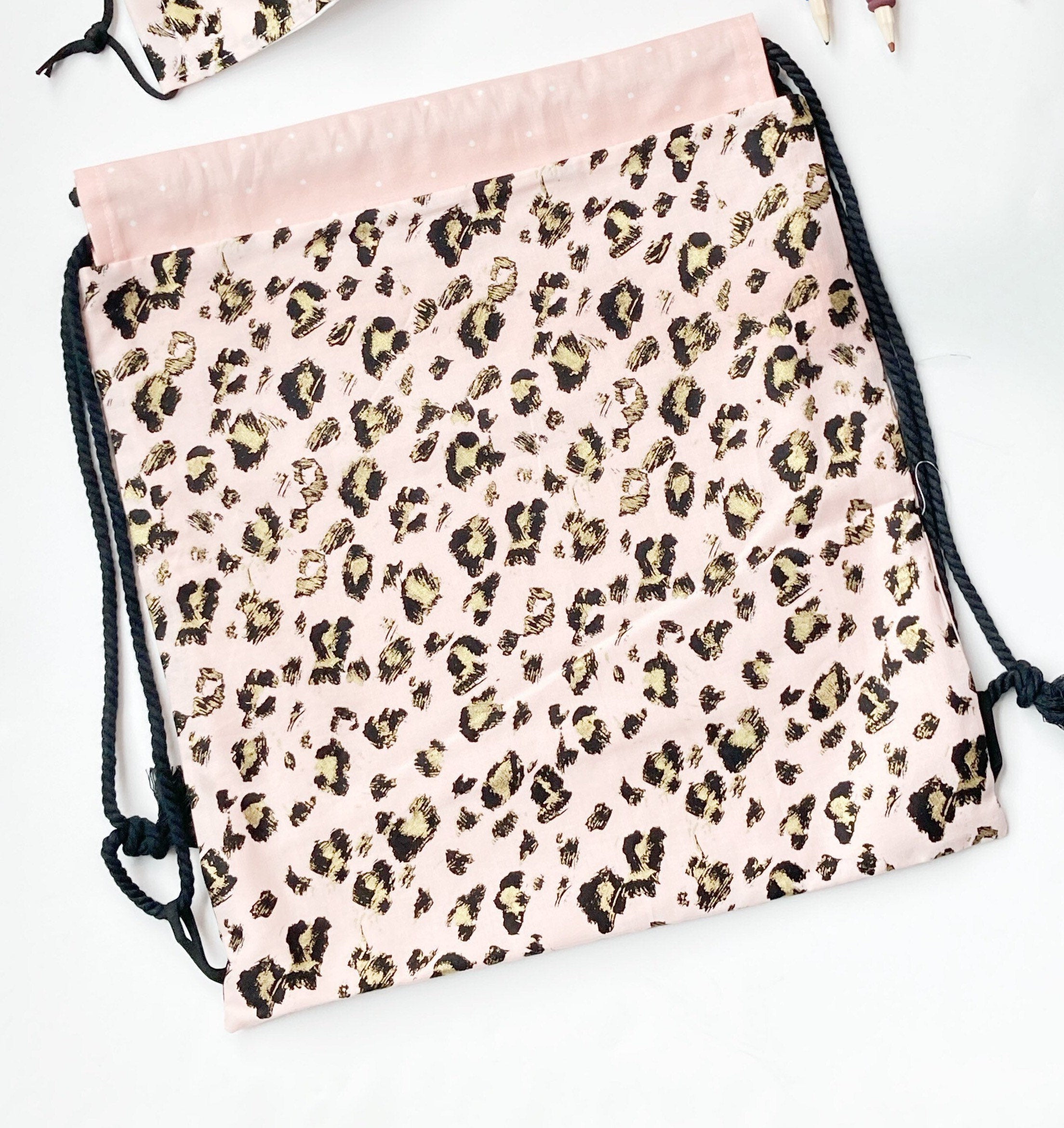 Trick or Treat drawstring lined bag in Rose gold leopard, student book bag, swimming,  dance class, ballet, overnight, toddler mom bag