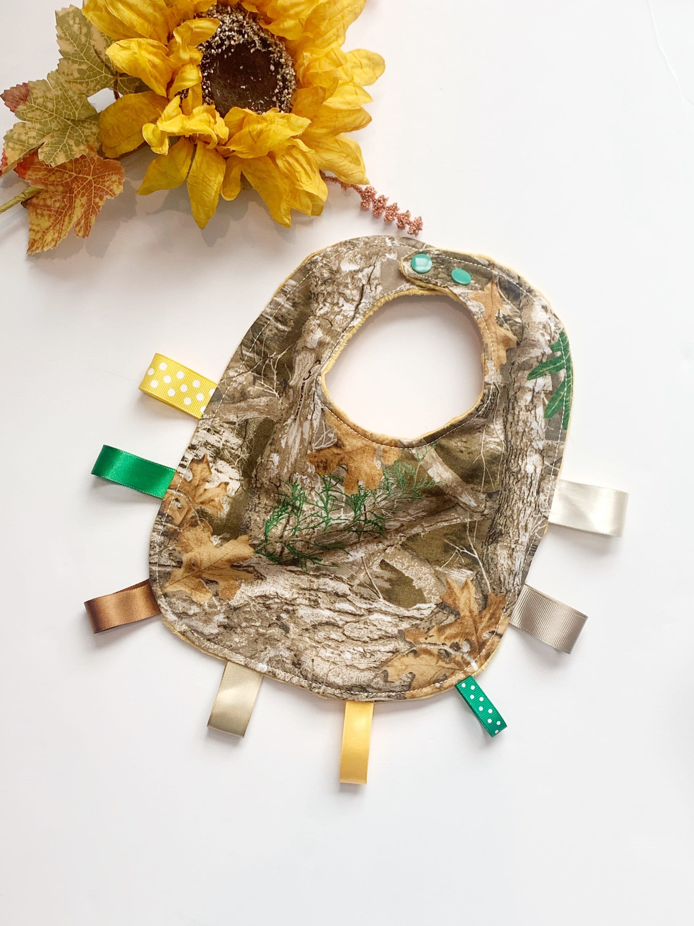 Camouflage hunting tag Baby Bib & contour burp cloth set made in brown camo cotton print with minky back, personalized baby shower gift
