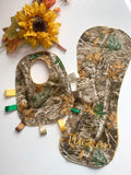 Camouflage hunting tag Baby Bib & contour burp cloth set made in brown camo cotton print with minky back, personalized baby shower gift