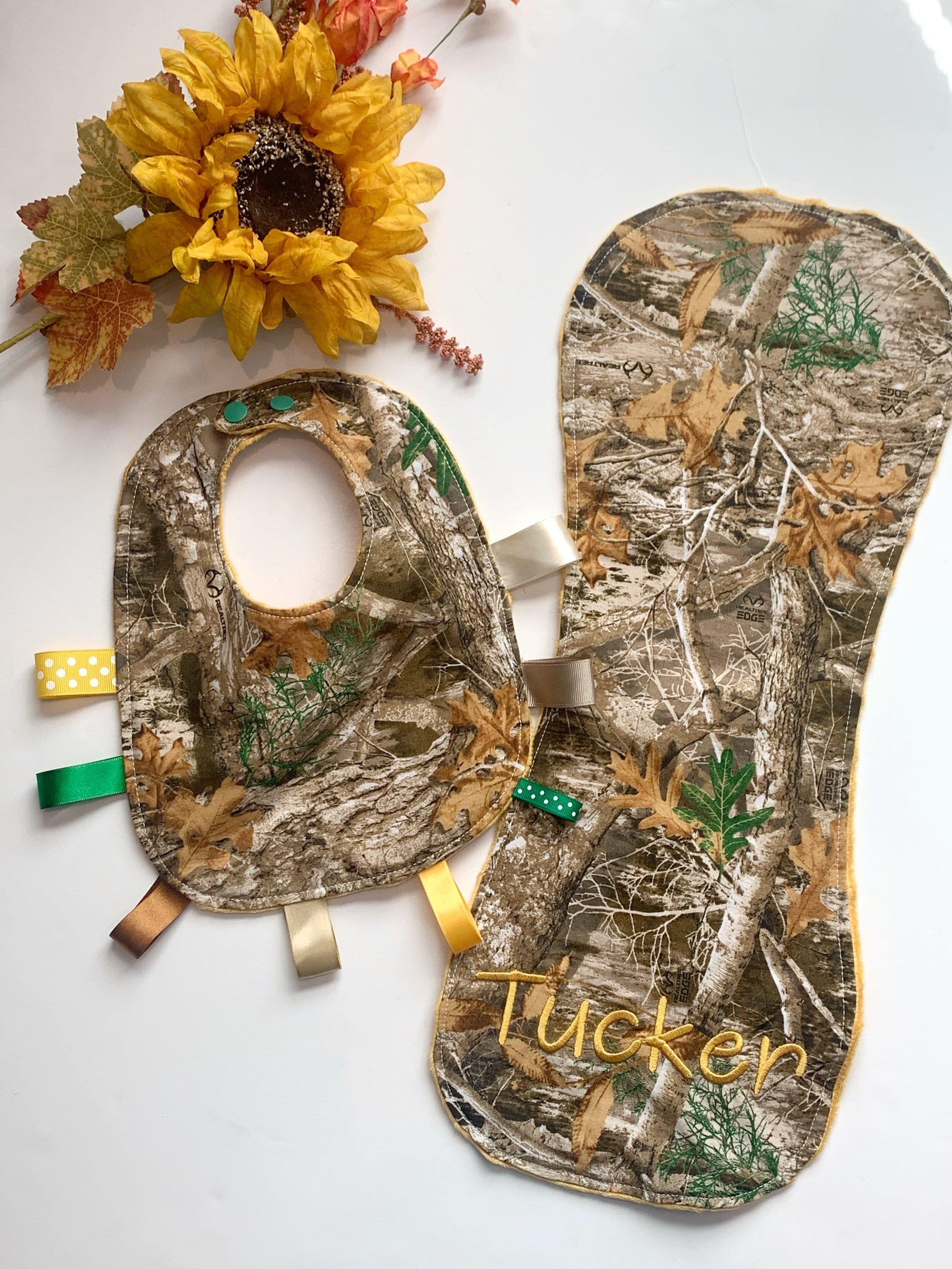Camouflage hunting tag Baby Bib & contour burp cloth set made in brown camo cotton print with minky back, personalized baby shower gift