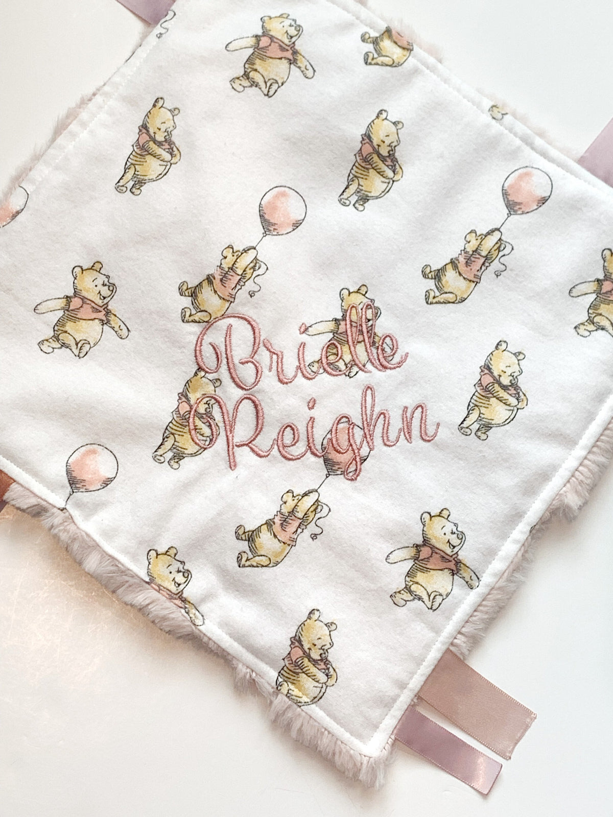 Personalize lux fur or minky sensory blanket lovey made from Winnie the Pooh flannel with satin ribbon tags, boy or girl choose colors 12”