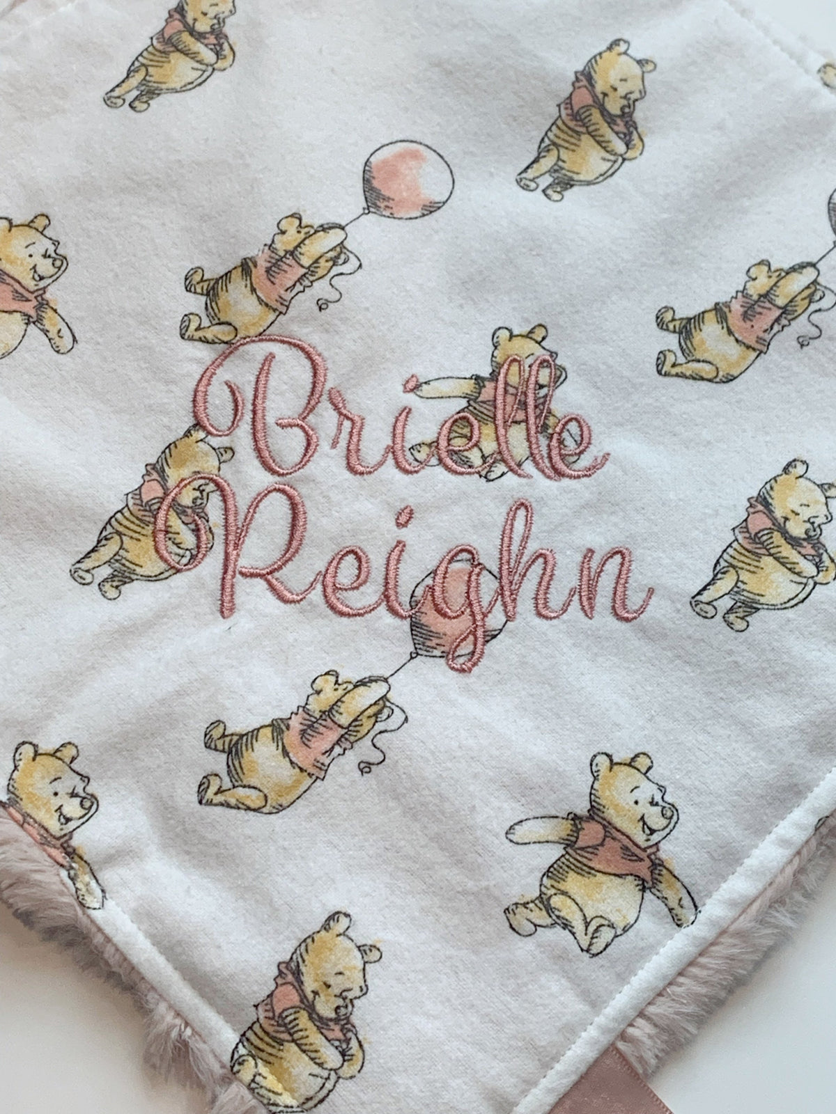 Personalize lux fur or minky sensory blanket lovey made from Winnie the Pooh flannel with satin ribbon tags, boy or girl choose colors 12”