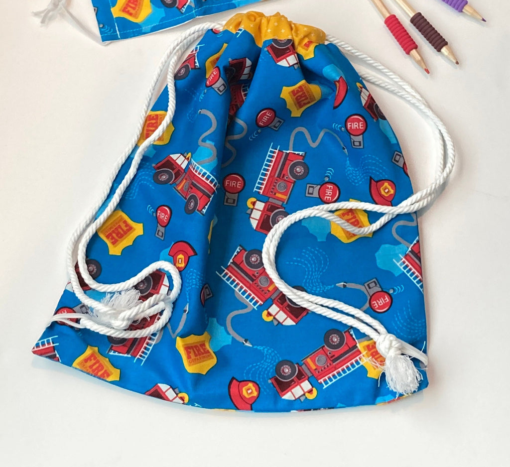 Red fire engine truck school book bag drawstring lined kid’s backpack gym bag, sport bag, child, reusable trick or treat bag