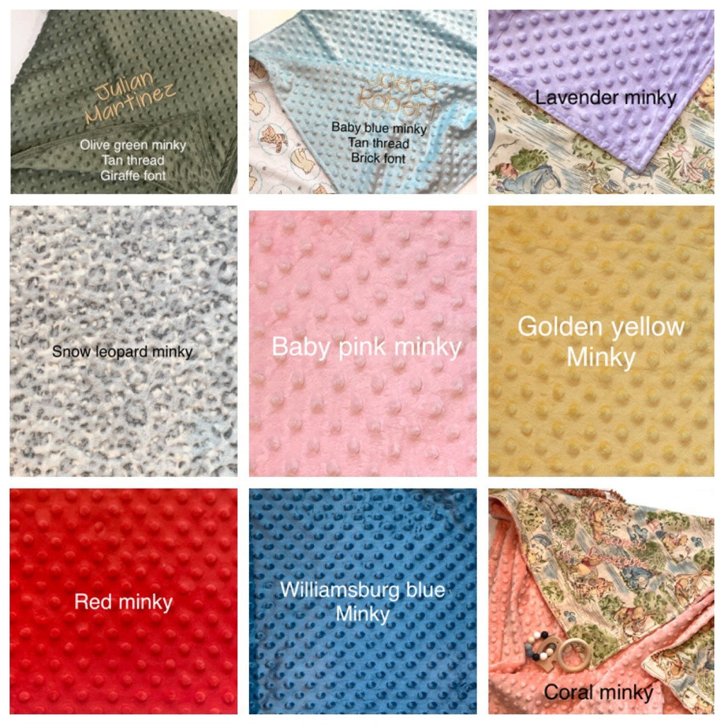 Personalized baby nursery blanket made from Winnie the Pooh fabric for boy or girl, cotton and minky or fur with Winnie embroidered option