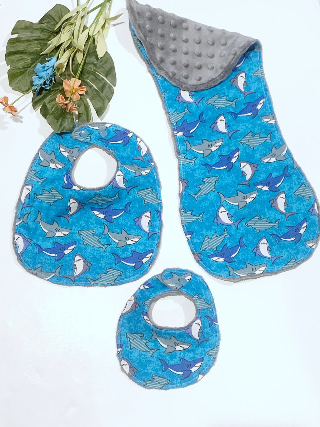 Beach baby Bib & burp cloth shark set in newborn or toddler for boy or girl, Cotton and Minky vacation travel accessory
