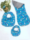 Beach baby Bib & burp cloth shark set in newborn or toddler for boy or girl, Cotton and Minky vacation travel accessory