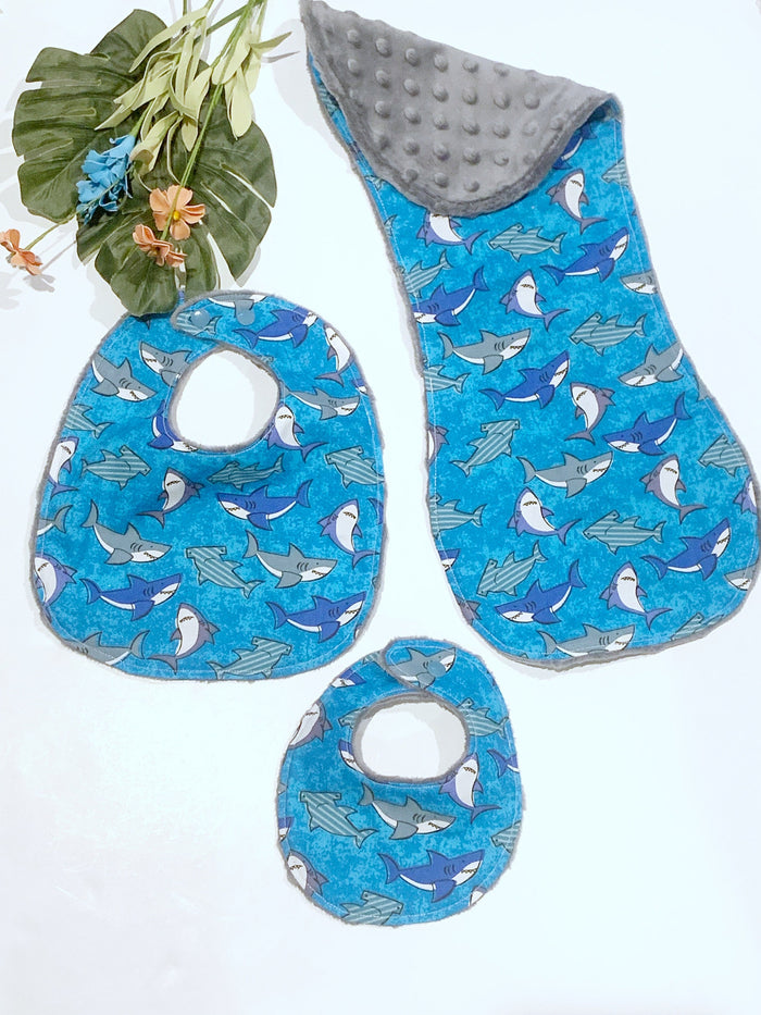 Beach baby Bib & burp cloth shark set in newborn or toddler for boy or girl, Cotton and Minky vacation travel accessory