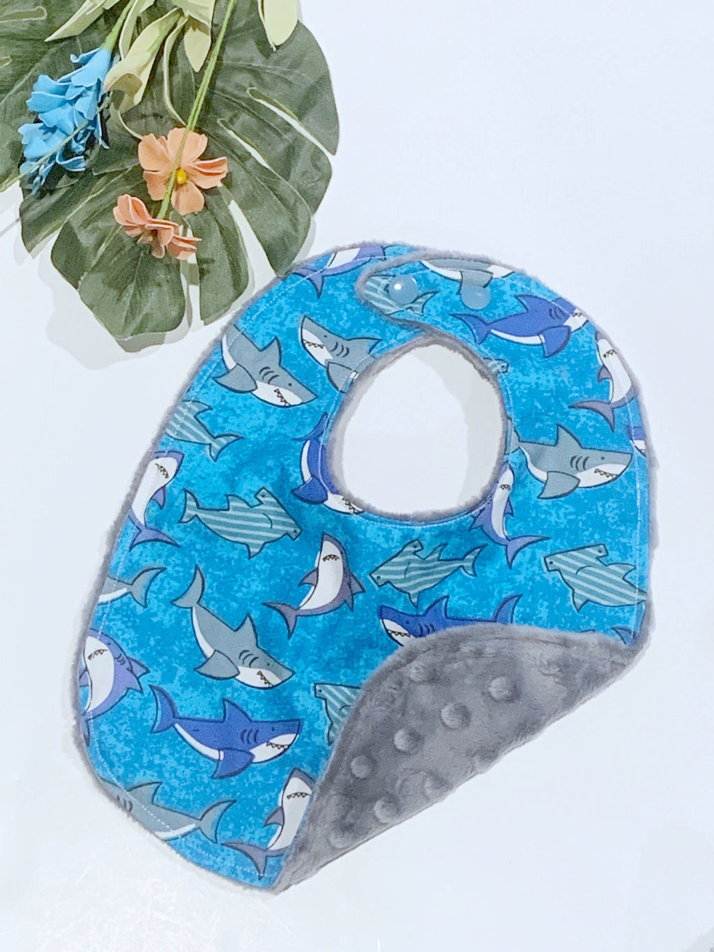 Beach baby Bib & burp cloth shark set in newborn or toddler for boy or girl, Cotton and Minky vacation travel accessory