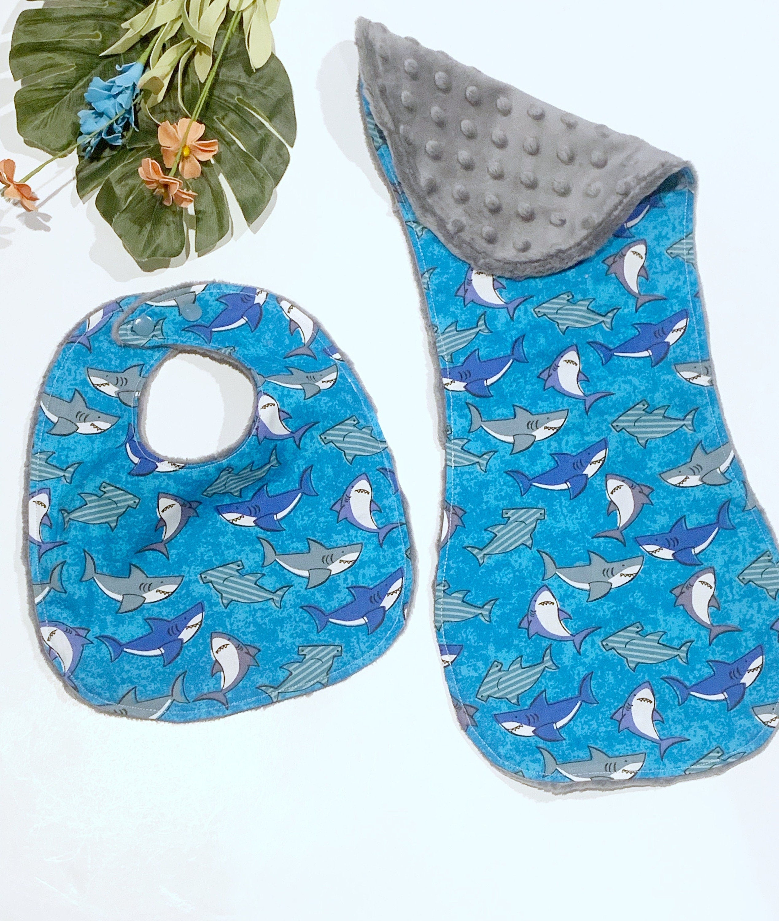 Shark bib and burp cloth set in newborn or baby toddler size for boy or girl, cotton & minky