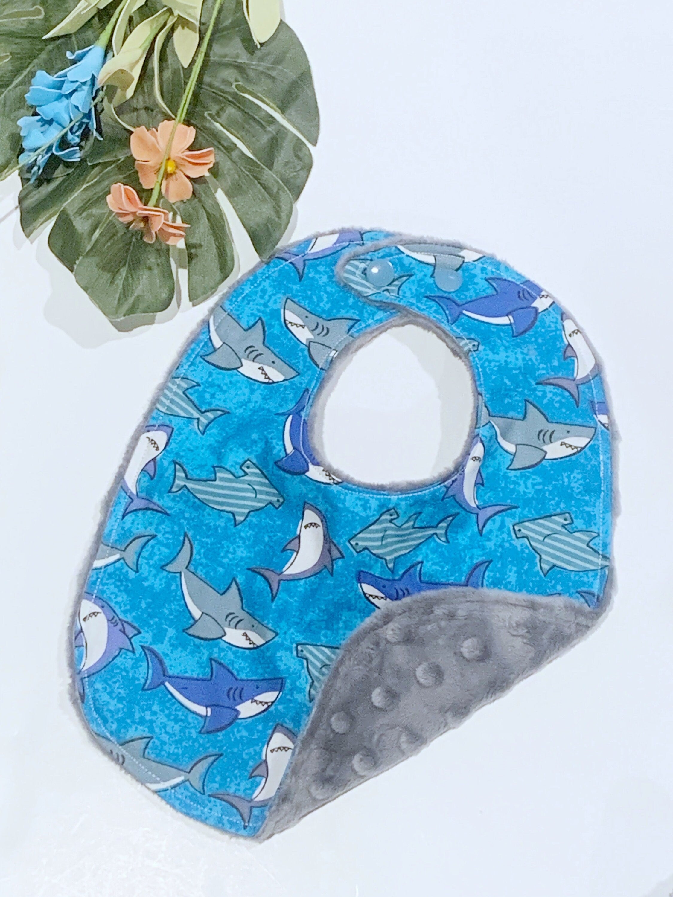 Shark bib and burp cloth set in newborn or baby toddler size for boy or girl, cotton & minky