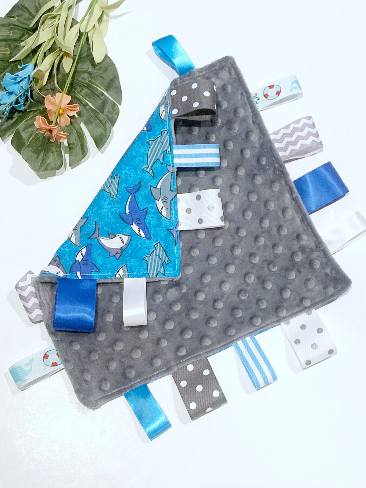 Shark cotton and minky sensory tag lovey for boy or girl older child adult elderly, personalized and color options with pacifier snap