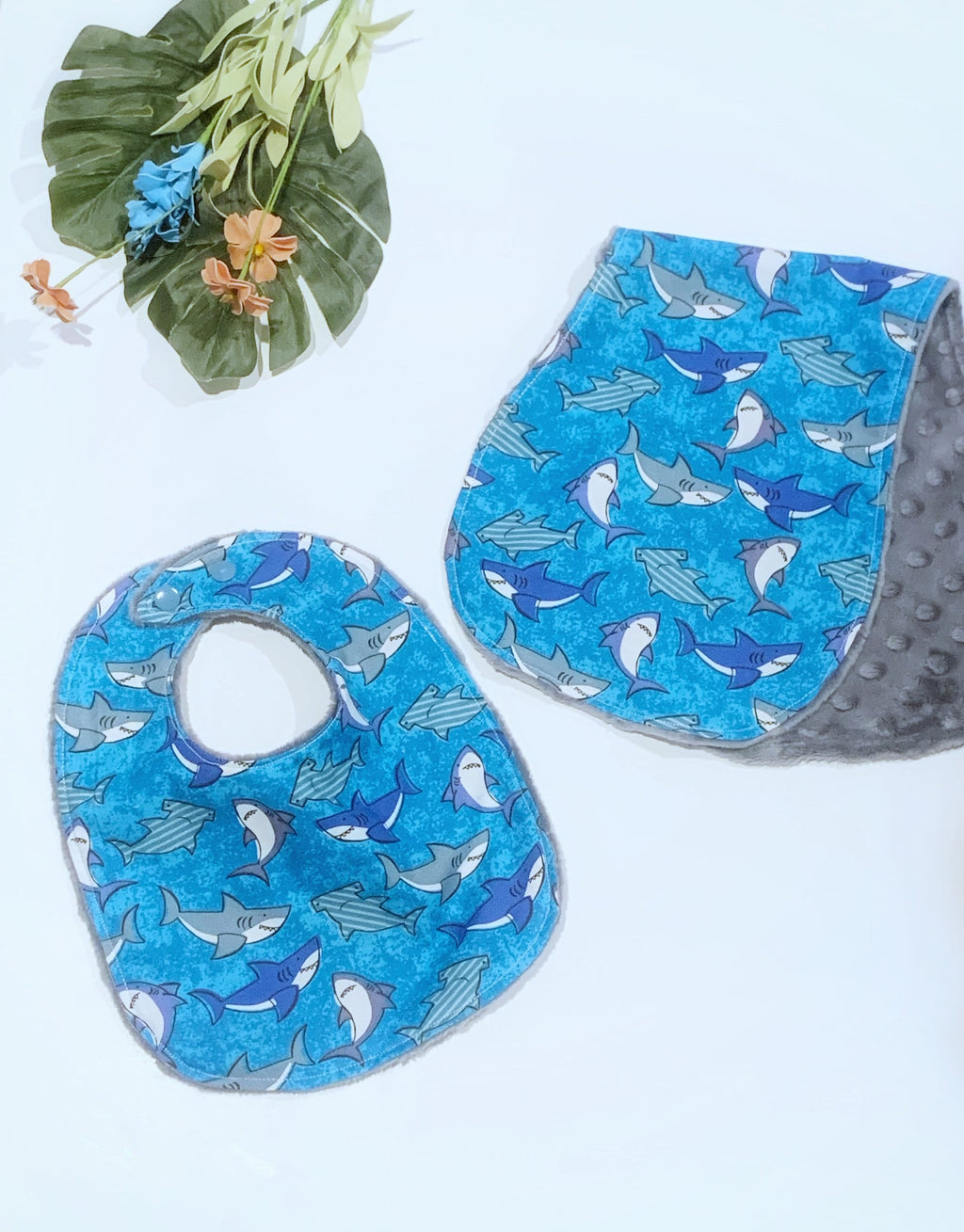 Shark bib and burp cloth set in newborn or baby toddler size for boy or girl, cotton & minky