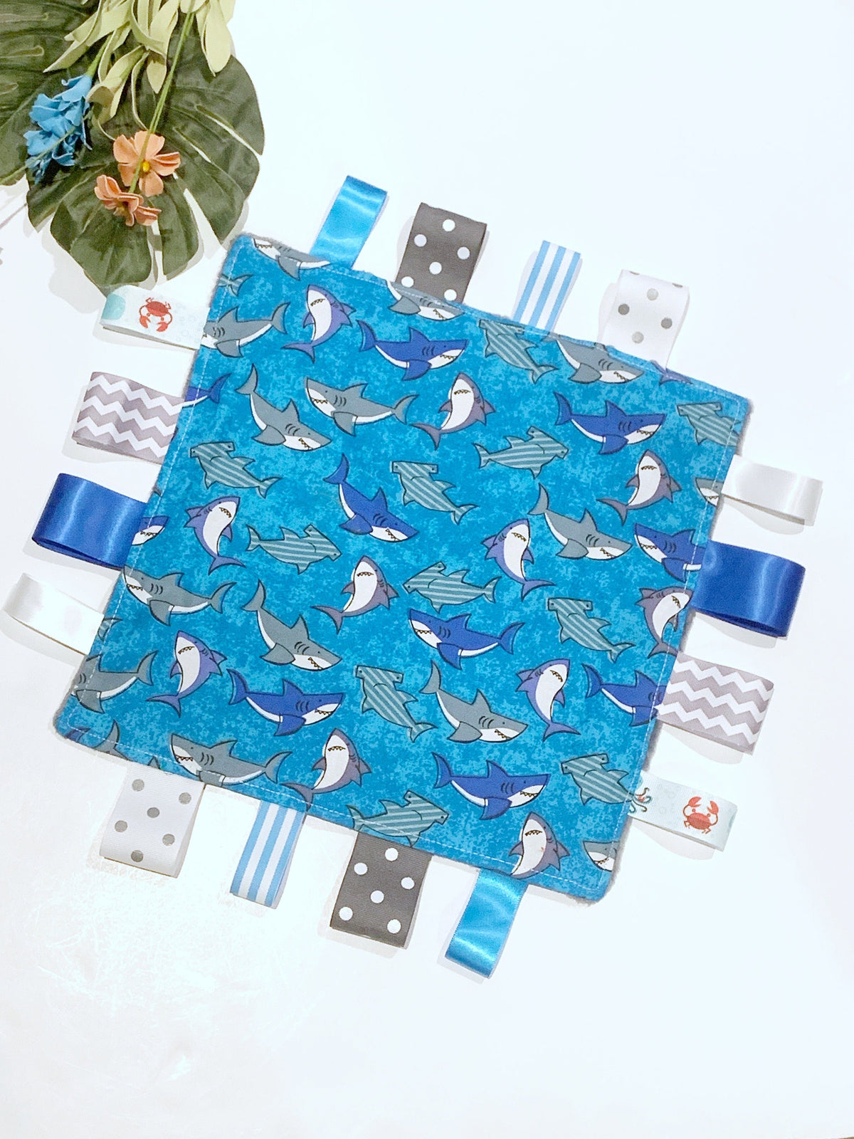 Shark cotton and minky sensory tag lovey for boy or girl older child adult elderly, personalized and color options with pacifier snap
