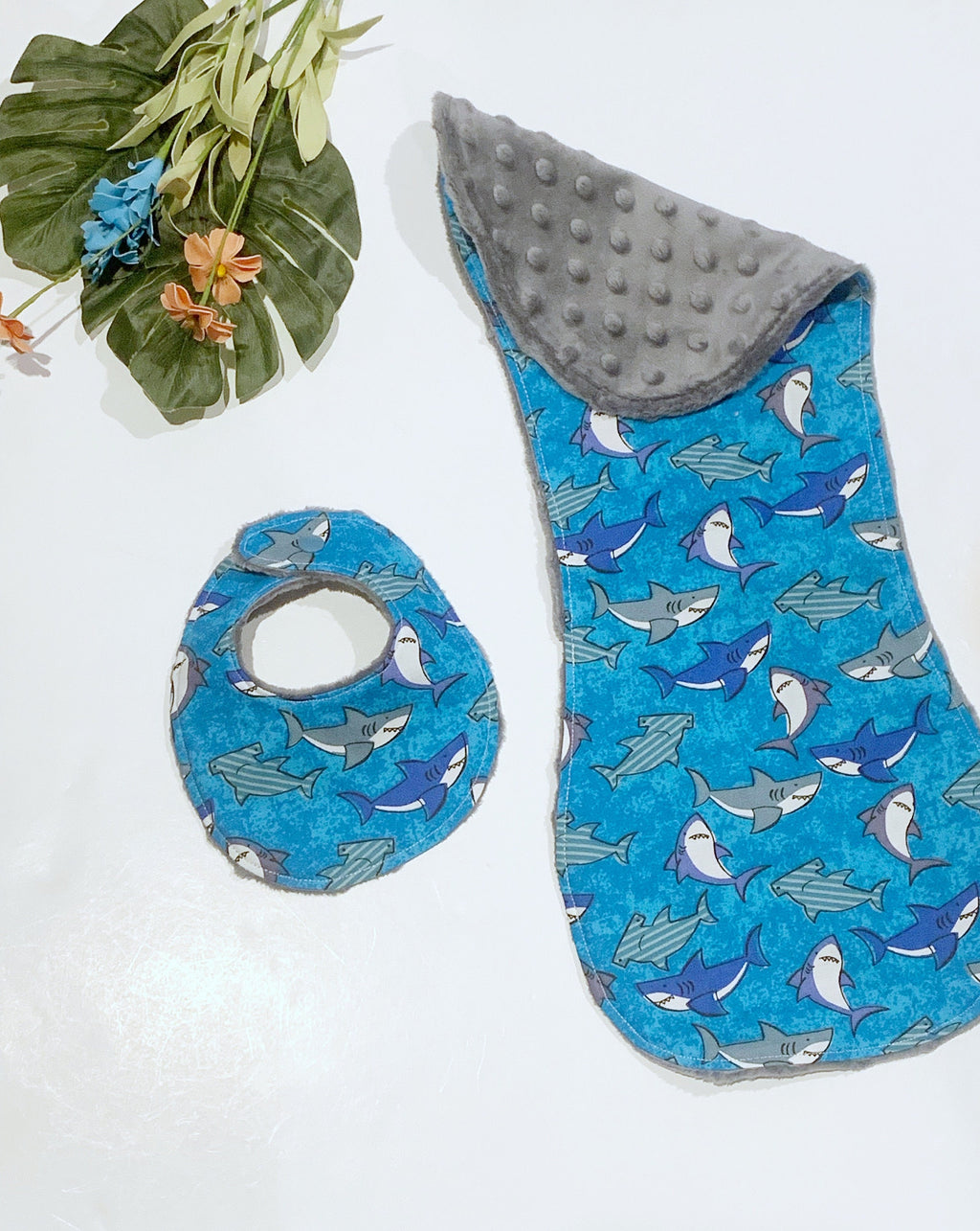 Beach baby Bib & burp cloth shark set in newborn or toddler for boy or girl, Cotton and Minky vacation travel accessory